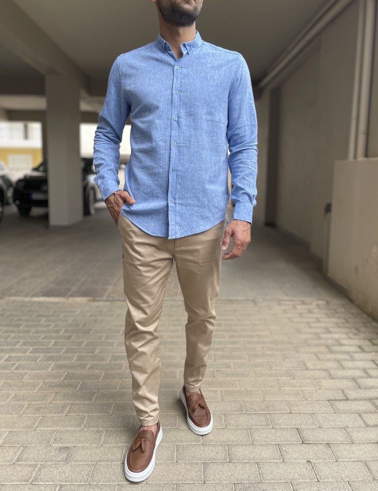 Ανδρικό λινό σιέλ πουκάμισο με γιακά 9631 φωτογραφία